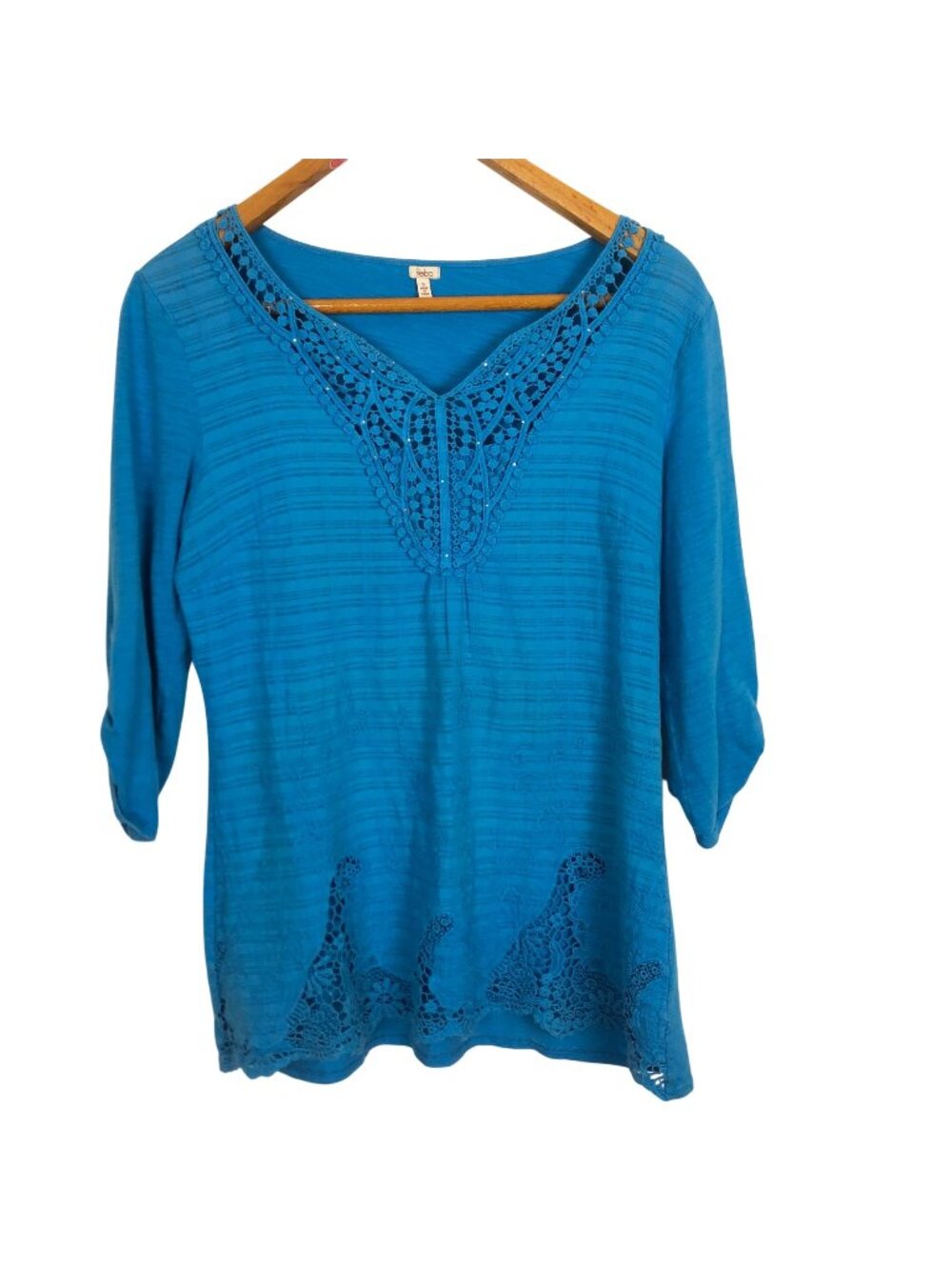 Reba Blue Crochet Lace Tunic Top Women’s Small Casual V-Neck 3/4 Sleeve Boho